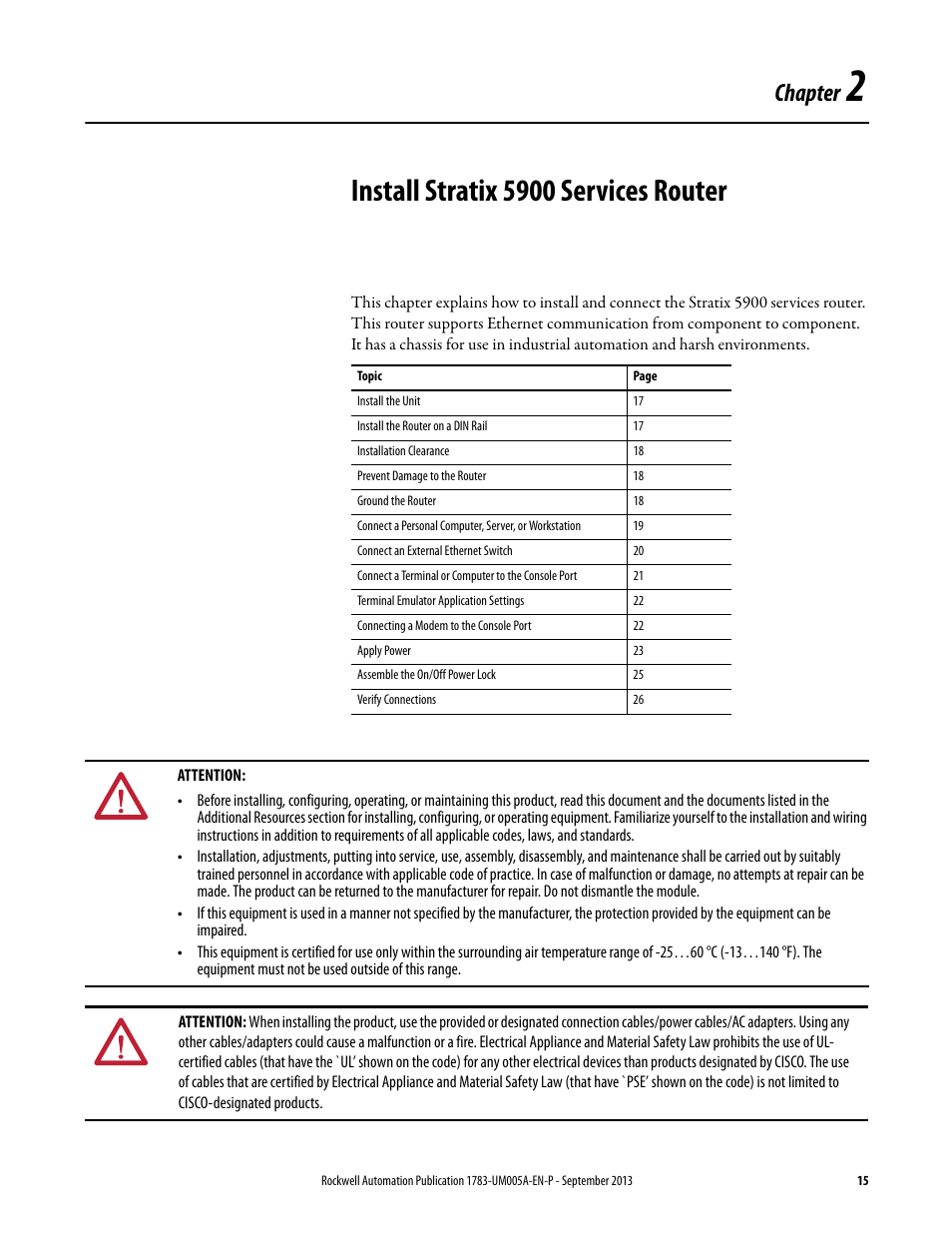 2 - install stratix 5900 services router, Chapter 2, Install stratix 5900 services router | Chapter | Rockwell Automation 1783-SR Stratix 5900 Services Router User Manual User Manual | Page 15 / 88