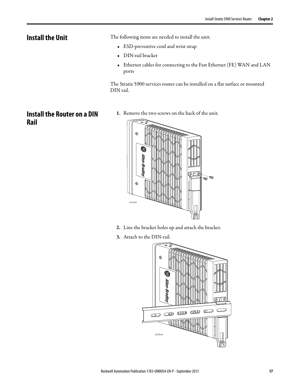 Install the unit, Install the router on a din rail, Install the unit install the router on a din rail | Rockwell Automation 1783-SR Stratix 5900 Services Router User Manual User Manual | Page 17 / 88