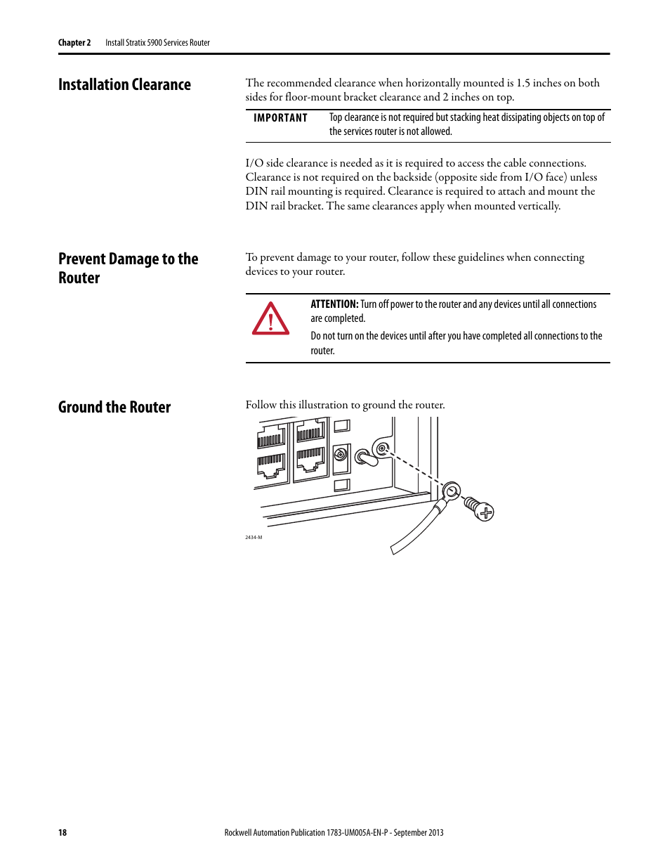 Installation clearance, Prevent damage to the router, Ground the router | Ground the router on | Rockwell Automation 1783-SR Stratix 5900 Services Router User Manual User Manual | Page 18 / 88