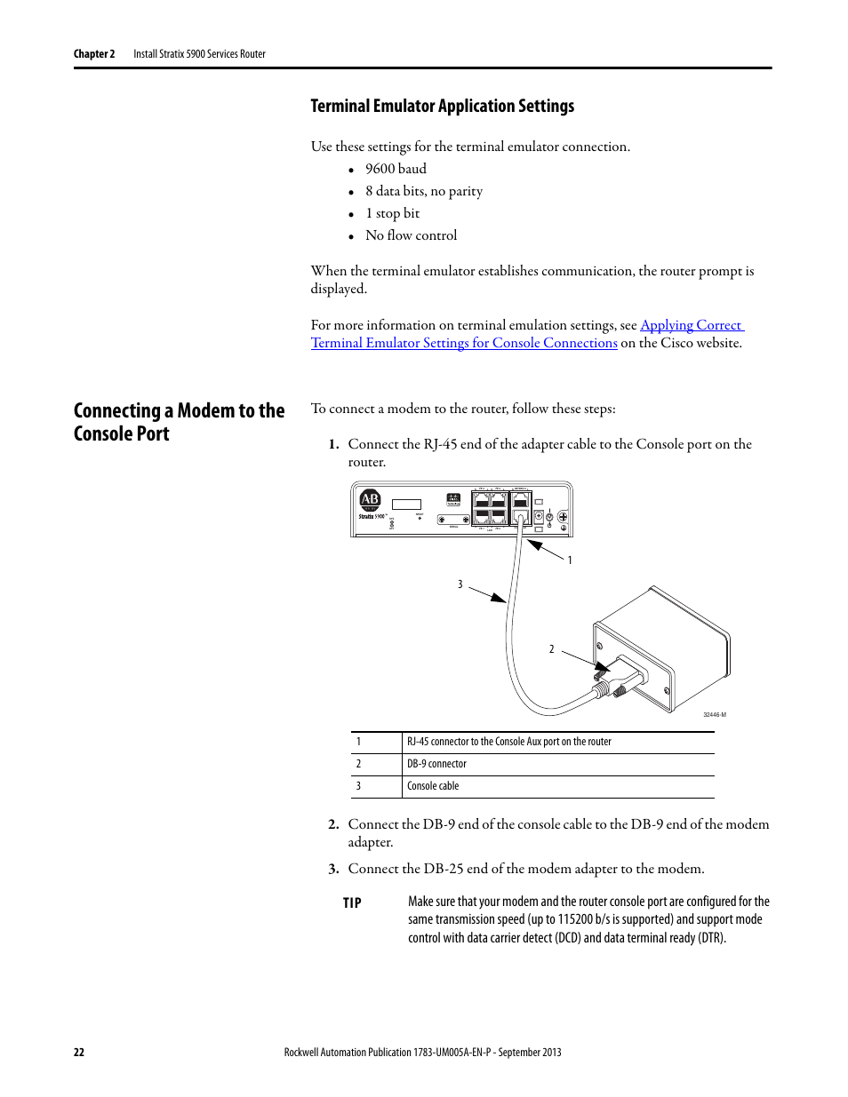 Terminal emulator application settings, Connecting a modem to the console port, Connecting a | Rockwell Automation 1783-SR Stratix 5900 Services Router User Manual User Manual | Page 22 / 88