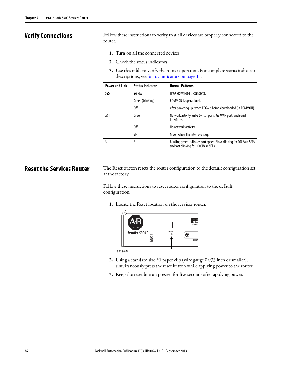 Verify connections, Reset the services router, Verify connections reset the services router | Rockwell Automation 1783-SR Stratix 5900 Services Router User Manual User Manual | Page 26 / 88