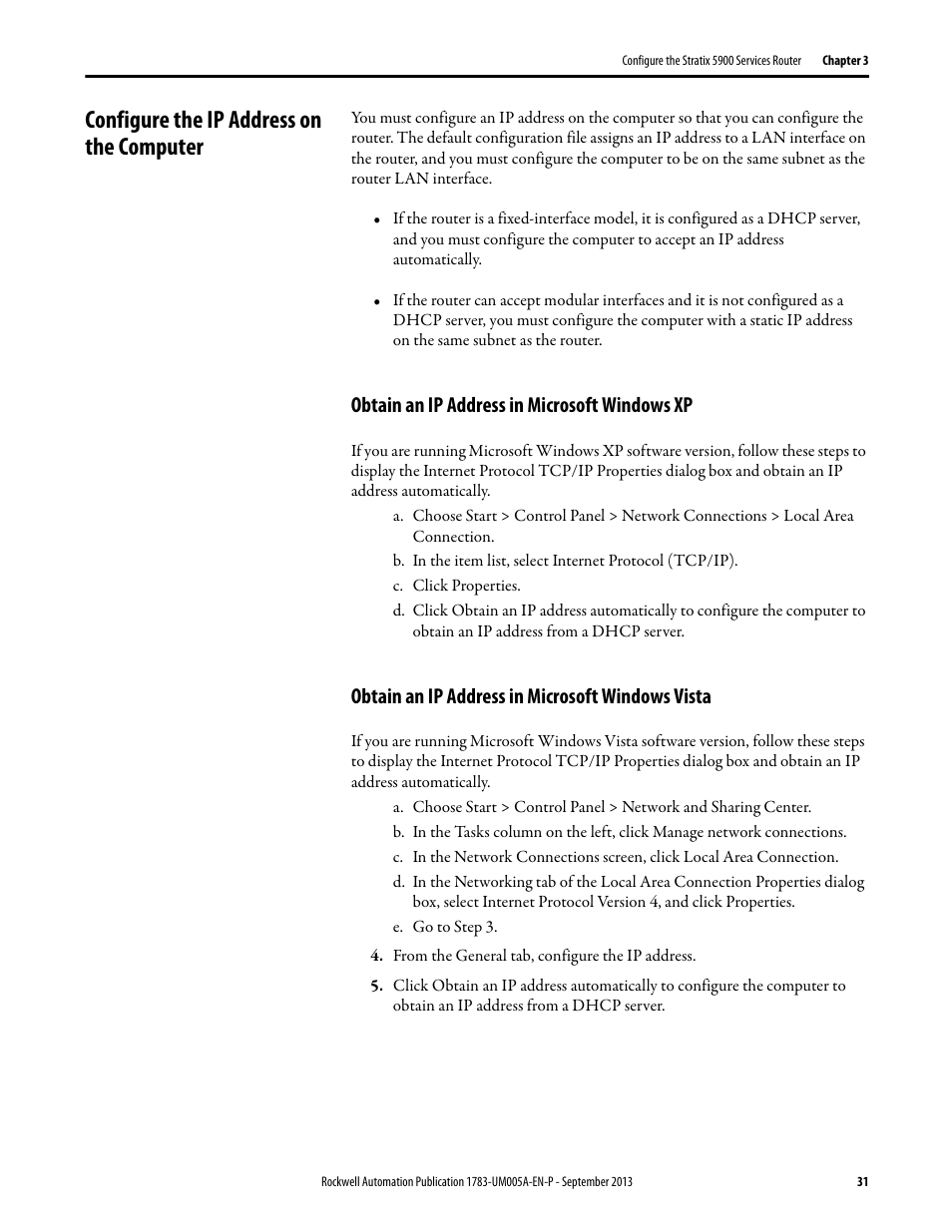 Configure the ip address on the computer, Obtain an ip address in microsoft windows xp, Obtain an ip address in microsoft windows vista | Rockwell Automation 1783-SR Stratix 5900 Services Router User Manual User Manual | Page 31 / 88