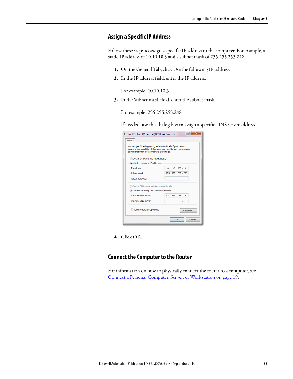 Assign a specific ip address, Connect the computer to the router | Rockwell Automation 1783-SR Stratix 5900 Services Router User Manual User Manual | Page 33 / 88