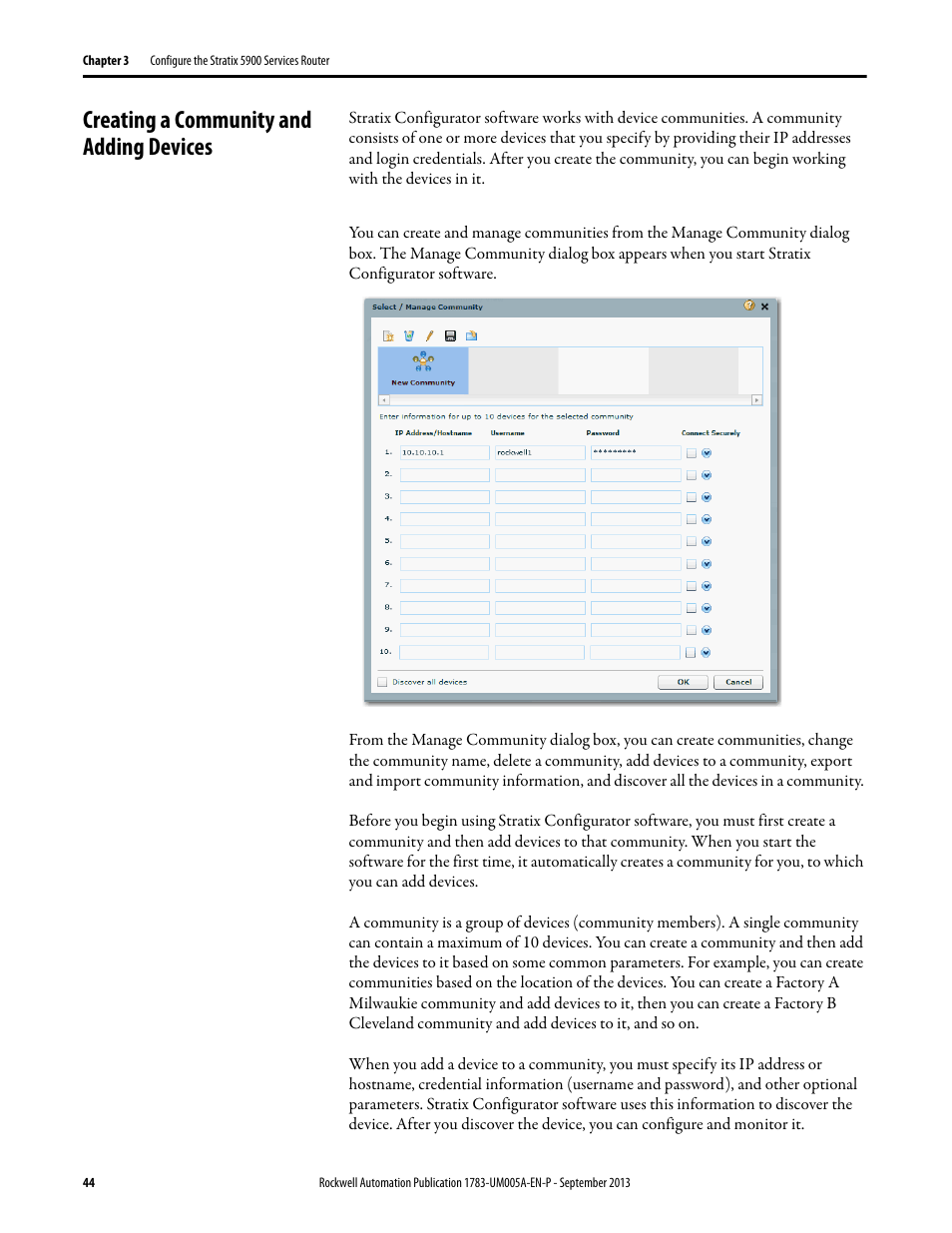 Creating a community and adding devices | Rockwell Automation 1783-SR Stratix 5900 Services Router User Manual User Manual | Page 44 / 88