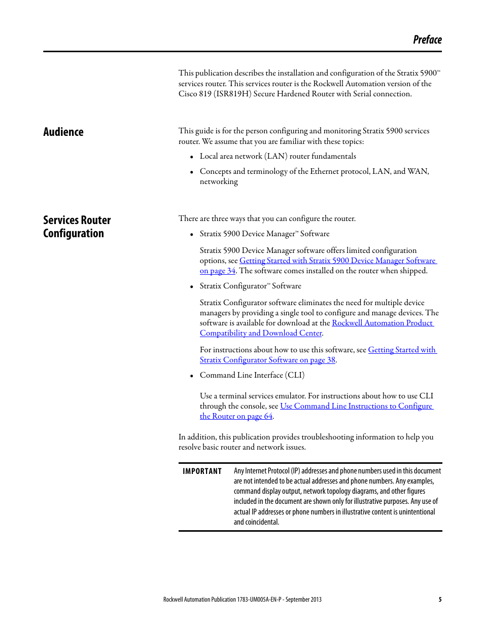 Preface, Audience, Services router configuration | Audience services router configuration | Rockwell Automation 1783-SR Stratix 5900 Services Router User Manual User Manual | Page 5 / 88