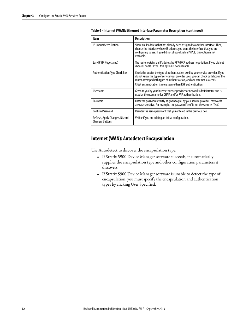 Internet (wan): autodetect encapsulation | Rockwell Automation 1783-SR Stratix 5900 Services Router User Manual User Manual | Page 52 / 88