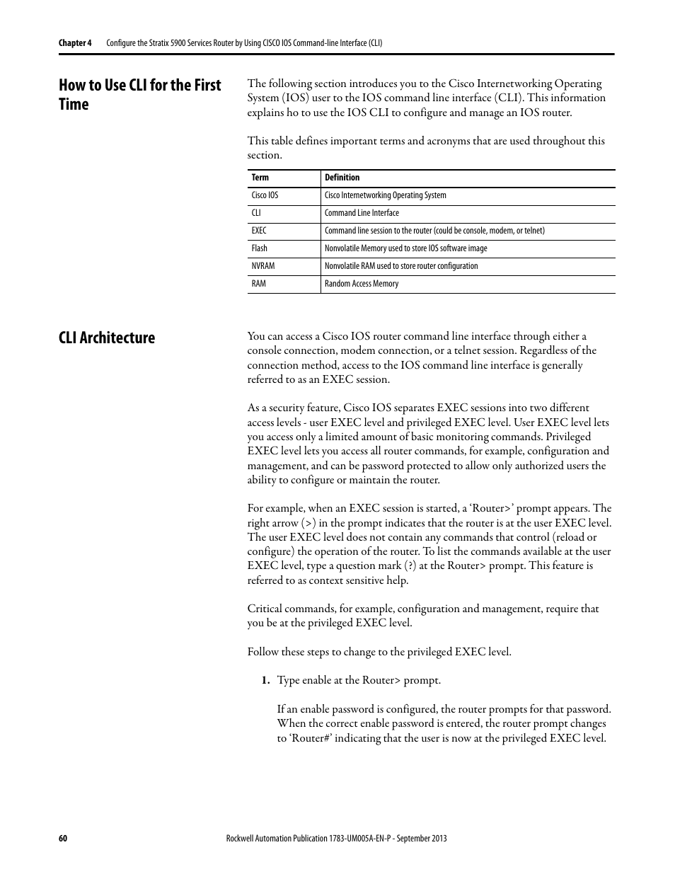 How to use cli for the first time, Cli architecture, How to use cli for the first time cli architecture | Rockwell Automation 1783-SR Stratix 5900 Services Router User Manual User Manual | Page 60 / 88