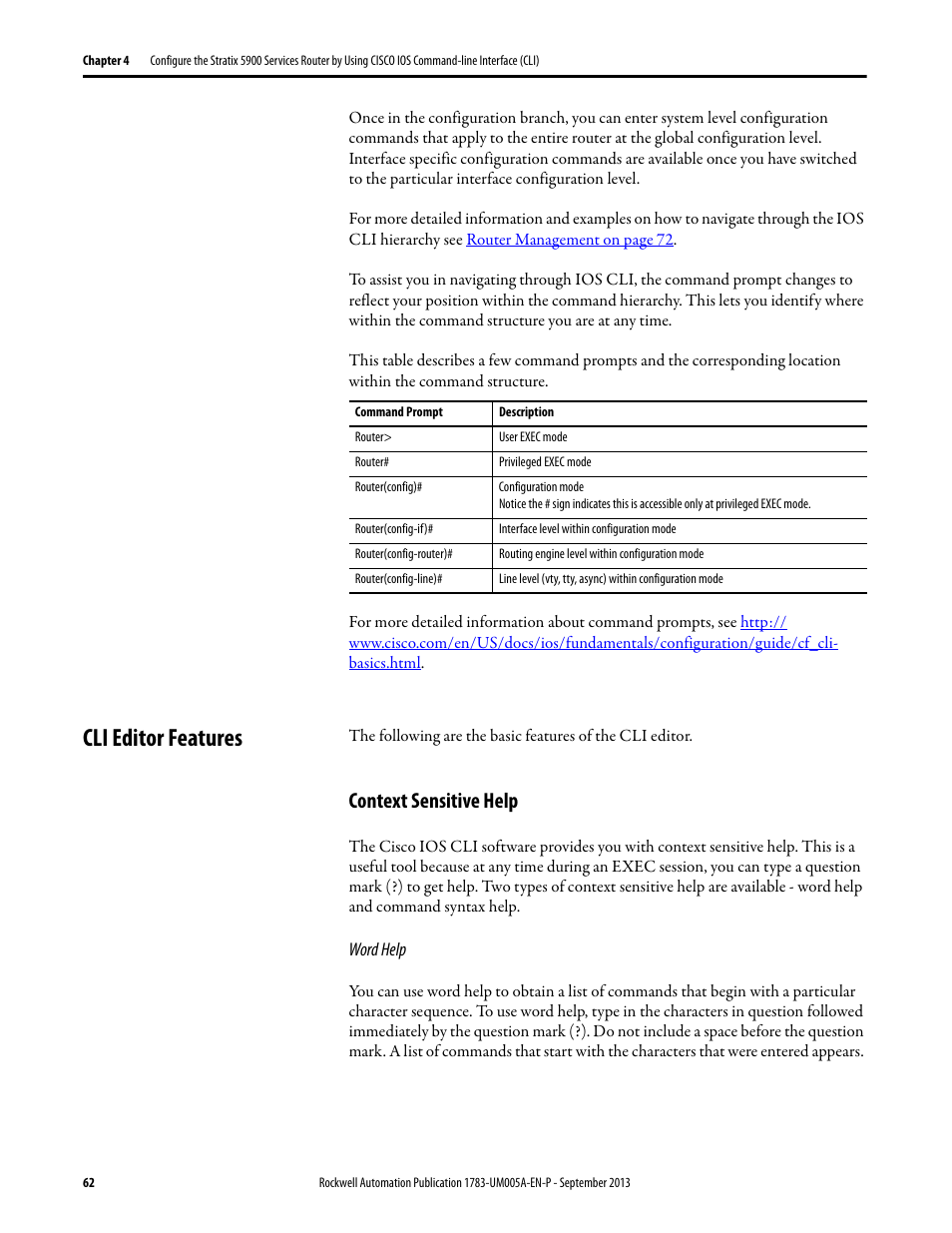 Cli editor features, Context sensitive help | Rockwell Automation 1783-SR Stratix 5900 Services Router User Manual User Manual | Page 62 / 88