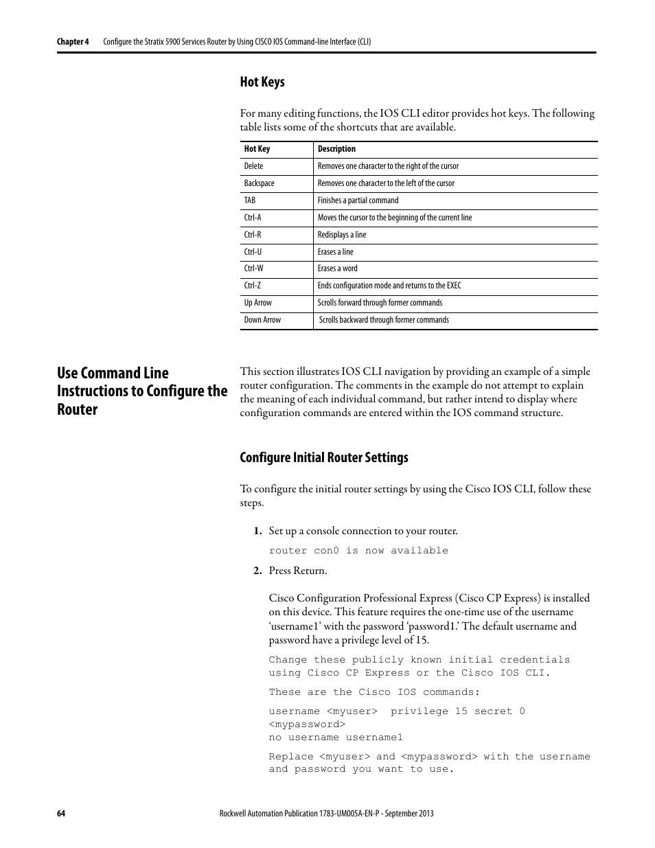 Hot keys, Configure initial router settings, Use command line instructions to configure | Rockwell Automation 1783-SR Stratix 5900 Services Router User Manual User Manual | Page 64 / 88