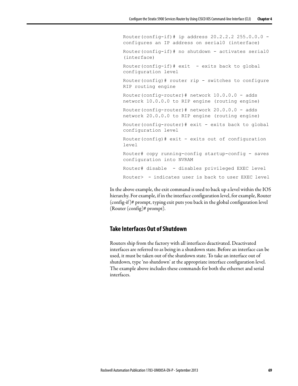 Take interfaces out of shutdown | Rockwell Automation 1783-SR Stratix 5900 Services Router User Manual User Manual | Page 69 / 88