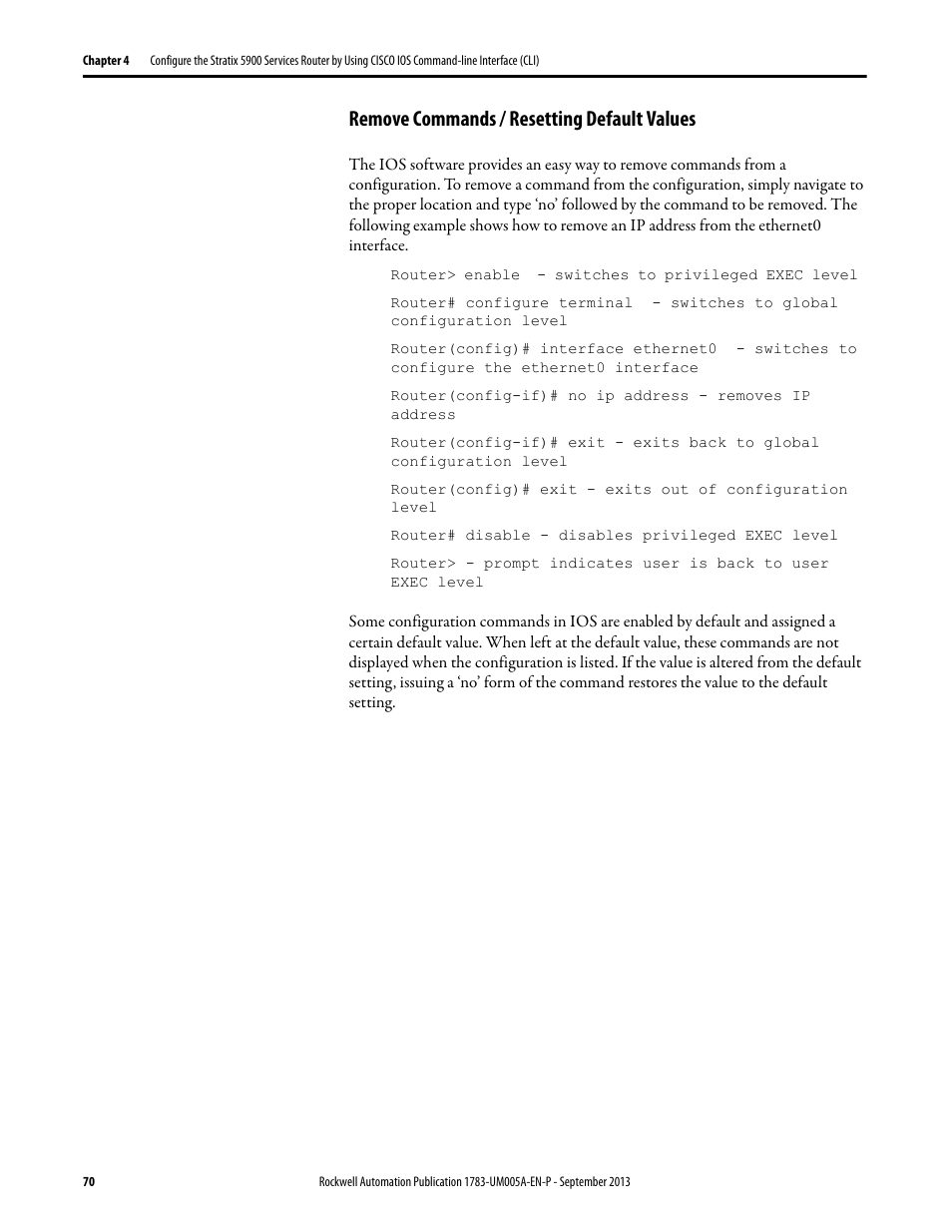 Remove commands / resetting default values | Rockwell Automation 1783-SR Stratix 5900 Services Router User Manual User Manual | Page 70 / 88