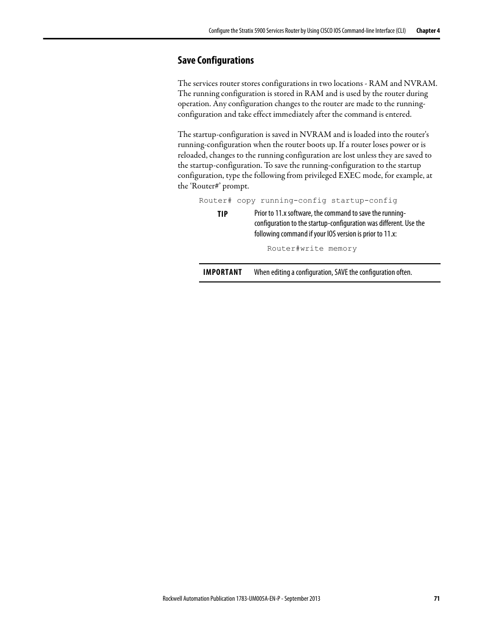 Save configurations | Rockwell Automation 1783-SR Stratix 5900 Services Router User Manual User Manual | Page 71 / 88