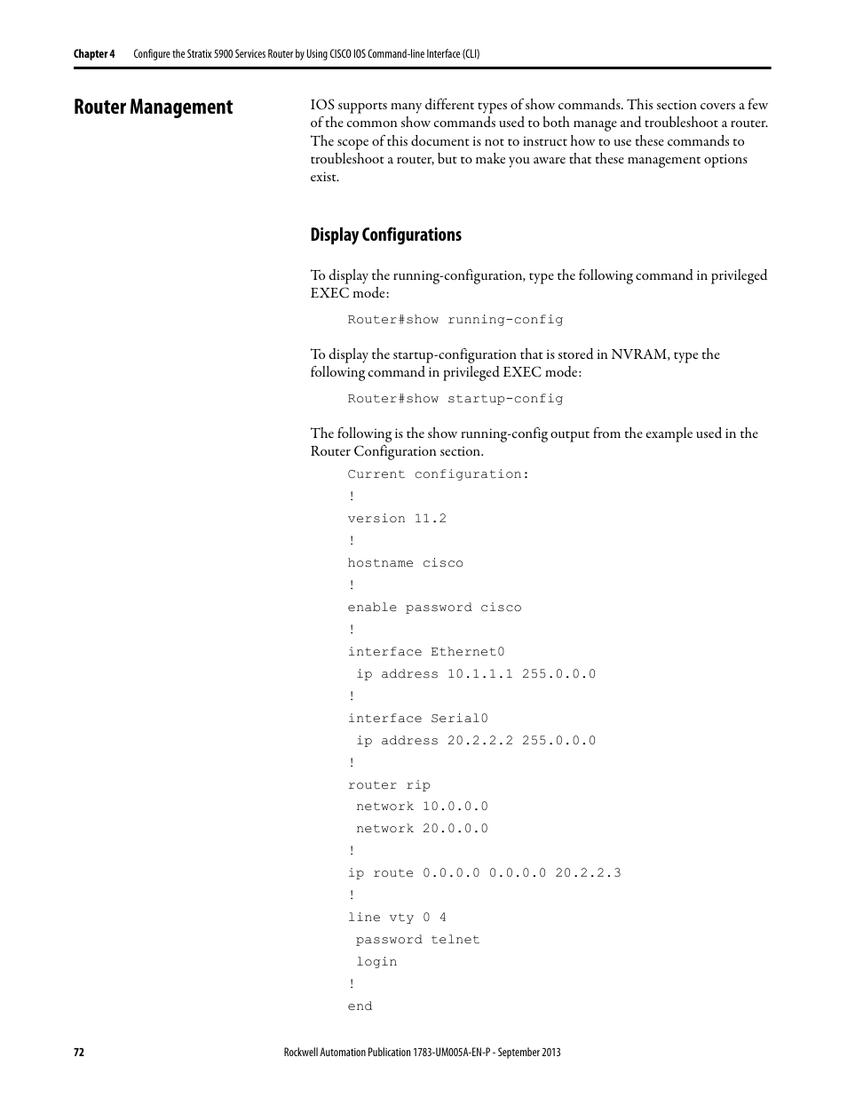 Router management, Display configurations | Rockwell Automation 1783-SR Stratix 5900 Services Router User Manual User Manual | Page 72 / 88