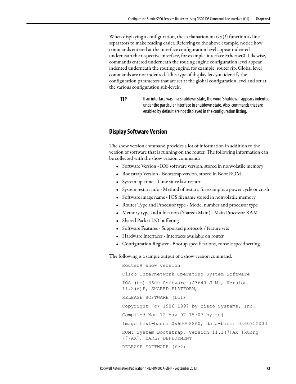 Display software version | Rockwell Automation 1783-SR Stratix 5900 Services Router User Manual User Manual | Page 73 / 88