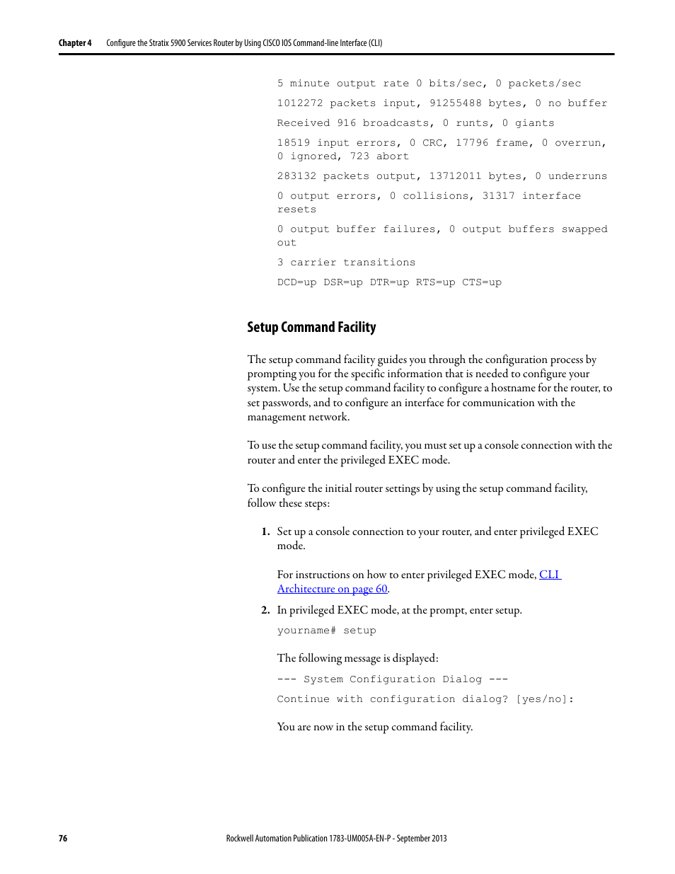 Setup command facility | Rockwell Automation 1783-SR Stratix 5900 Services Router User Manual User Manual | Page 76 / 88