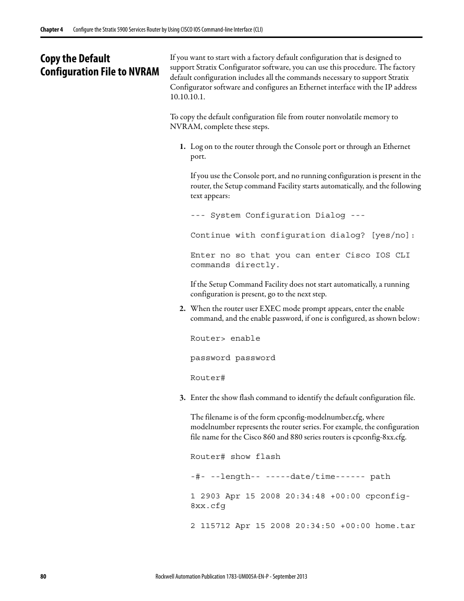 Copy the default configuration file to nvram | Rockwell Automation 1783-SR Stratix 5900 Services Router User Manual User Manual | Page 80 / 88