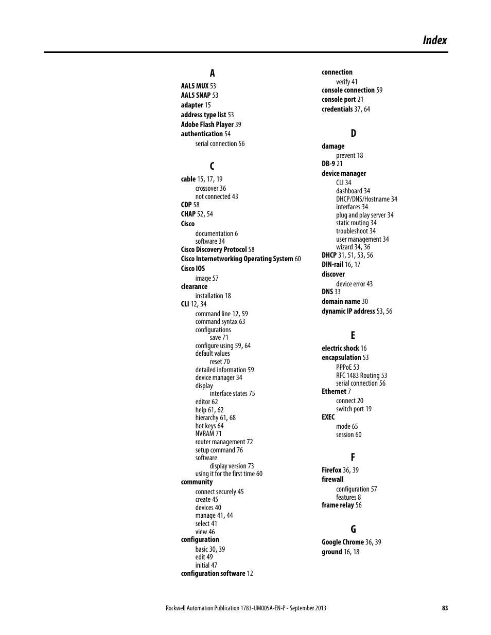 Index | Rockwell Automation 1783-SR Stratix 5900 Services Router User Manual User Manual | Page 83 / 88