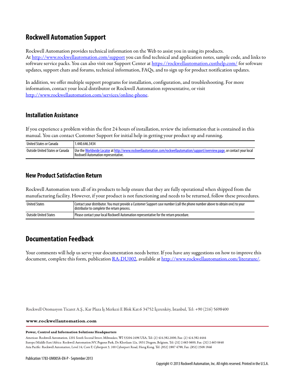 Back cover, Rockwell automation support, Documentation feedback | Installation assistance, New product satisfaction return | Rockwell Automation 1783-SR Stratix 5900 Services Router User Manual User Manual | Page 88 / 88