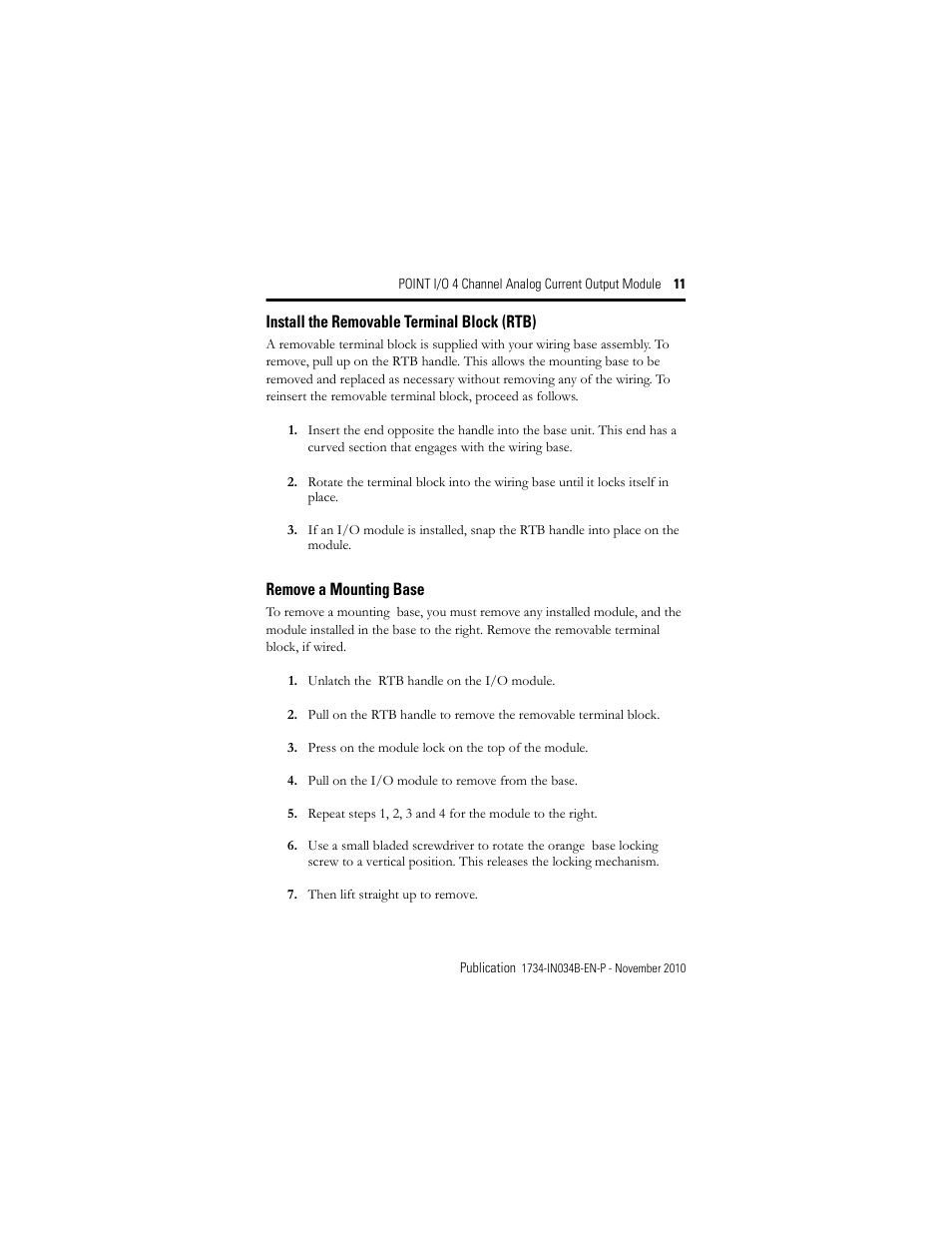 Install the removable terminal block (rtb), Remove a mounting base | Rockwell Automation 1734-OE4C Installation Instructions User Manual | Page 11 / 24