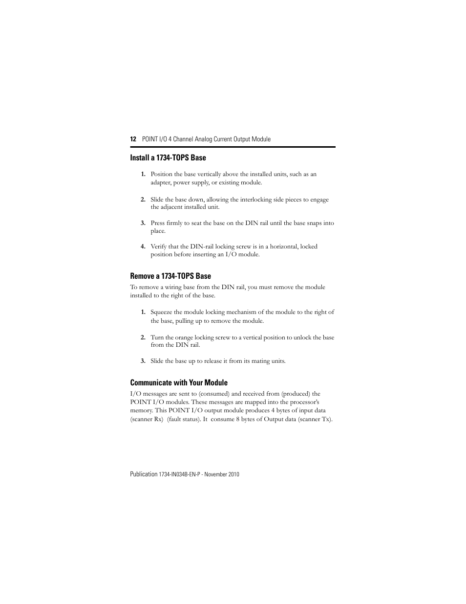 Install a 1734-tops base, Remove a 1734-tops base, Communicate with your module | Rockwell Automation 1734-OE4C Installation Instructions User Manual | Page 12 / 24