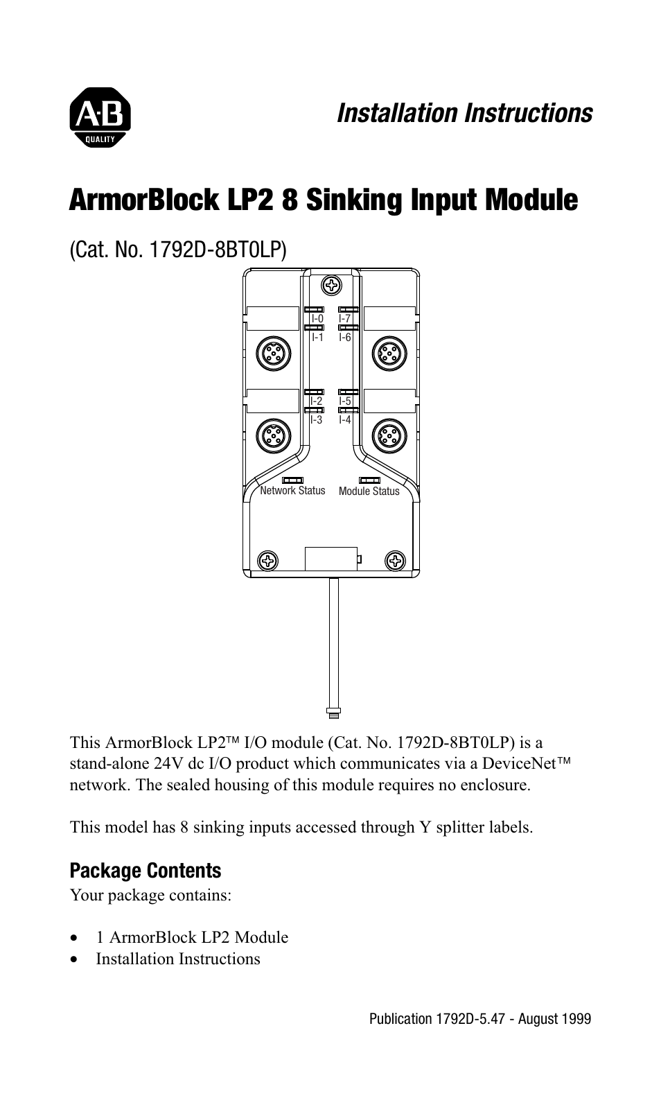 Rockwell Automation 1792D-8BT0LP ArmorBlock LP2 8 Sinking Input Module User Manual | 10 pages