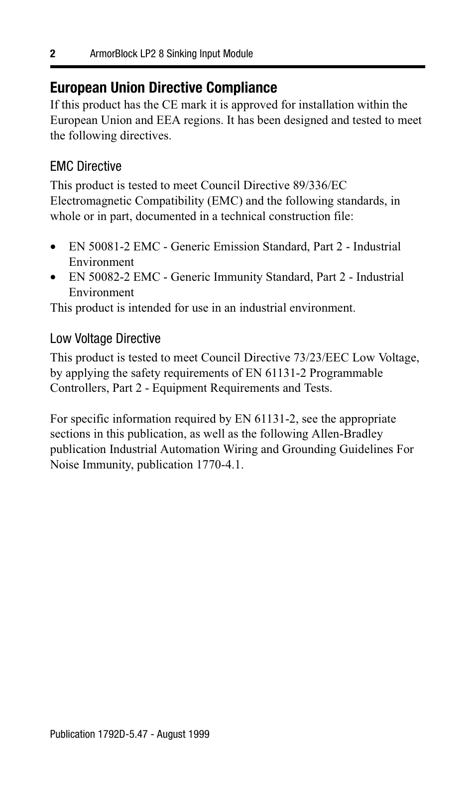 European union directive compliance | Rockwell Automation 1792D-8BT0LP ArmorBlock LP2 8 Sinking Input Module User Manual | Page 2 / 10