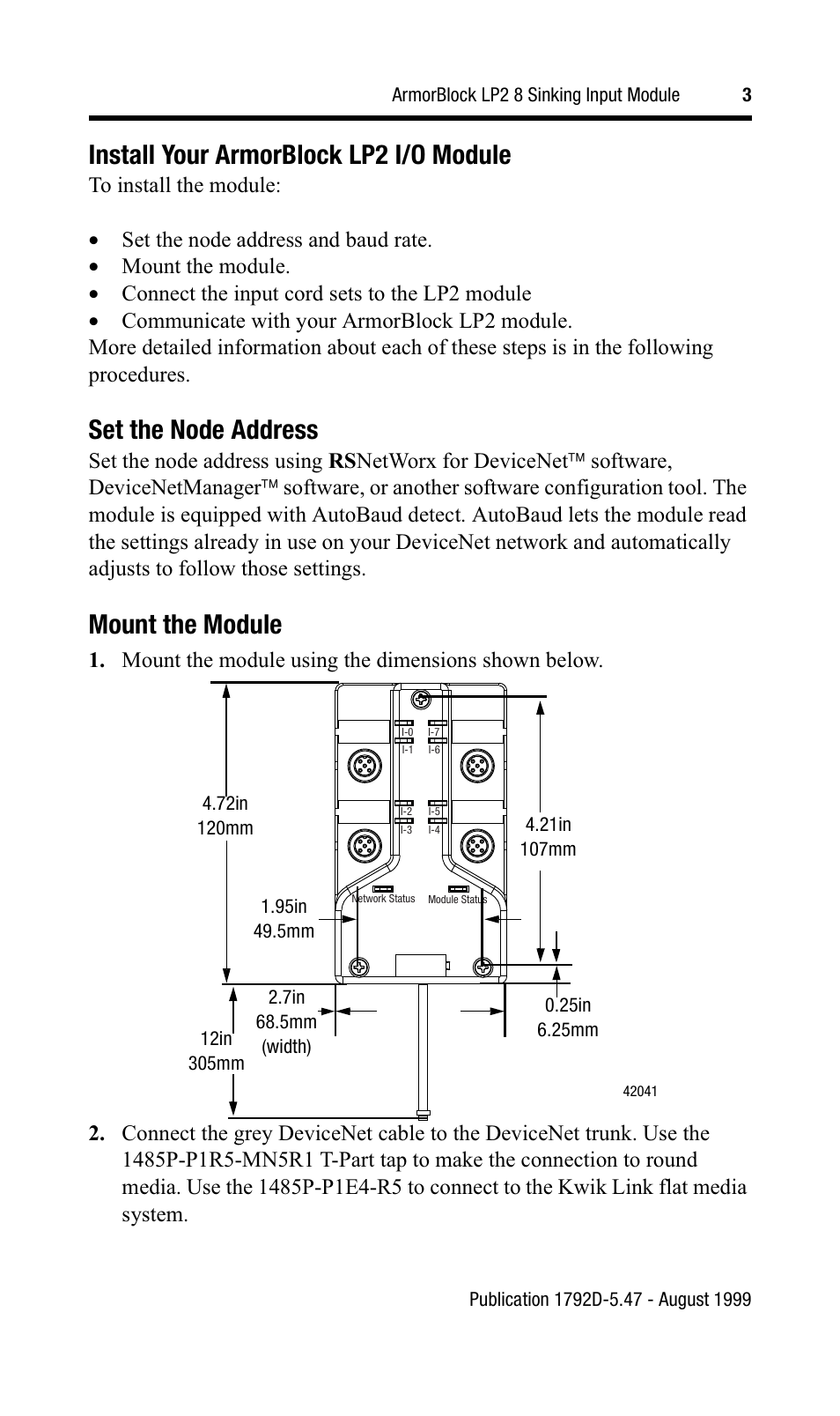 Install your armorblock lp2 i/o module, Set the node address, Mount the module | Rockwell Automation 1792D-8BT0LP ArmorBlock LP2 8 Sinking Input Module User Manual | Page 3 / 10