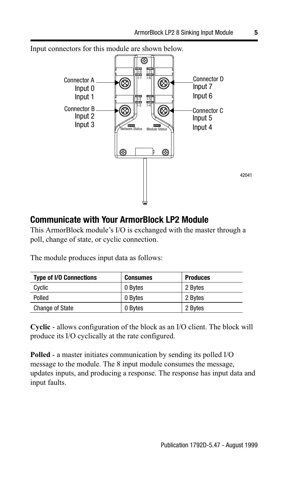 Communicate with your armorblock lp2 module, Input connectors for this module are shown below | Rockwell Automation 1792D-8BT0LP ArmorBlock LP2 8 Sinking Input Module User Manual | Page 5 / 10