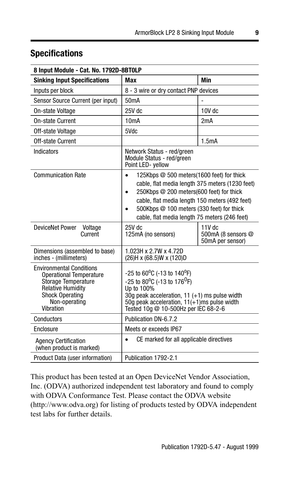 Specifications | Rockwell Automation 1792D-8BT0LP ArmorBlock LP2 8 Sinking Input Module User Manual | Page 9 / 10