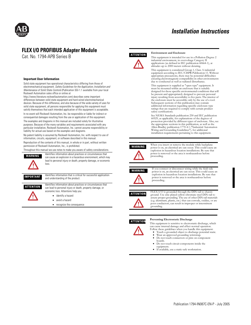 Rockwell Automation 1794-APB/B FLEX I/O PROFIBUS Adapter Module Installation Instructions User Manual | 6 pages