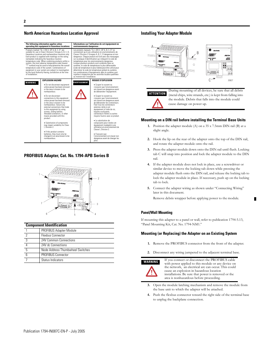 Installing your adapter module, Panel/wall mounting, Component identification | Rockwell Automation 1794-APB/B FLEX I/O PROFIBUS Adapter Module Installation Instructions User Manual | Page 2 / 6