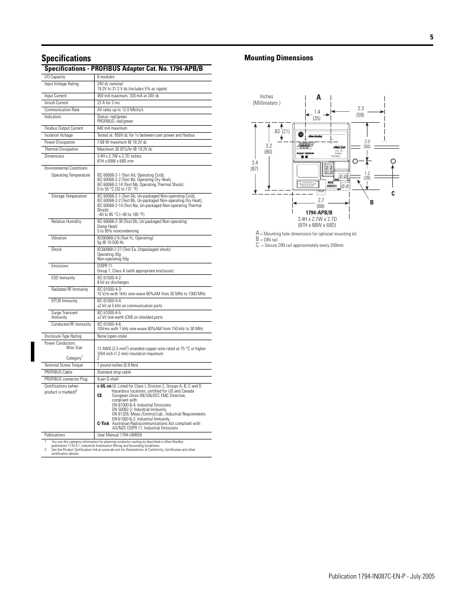 Specifications, Mounting dimensions | Rockwell Automation 1794-APB/B FLEX I/O PROFIBUS Adapter Module Installation Instructions User Manual | Page 5 / 6