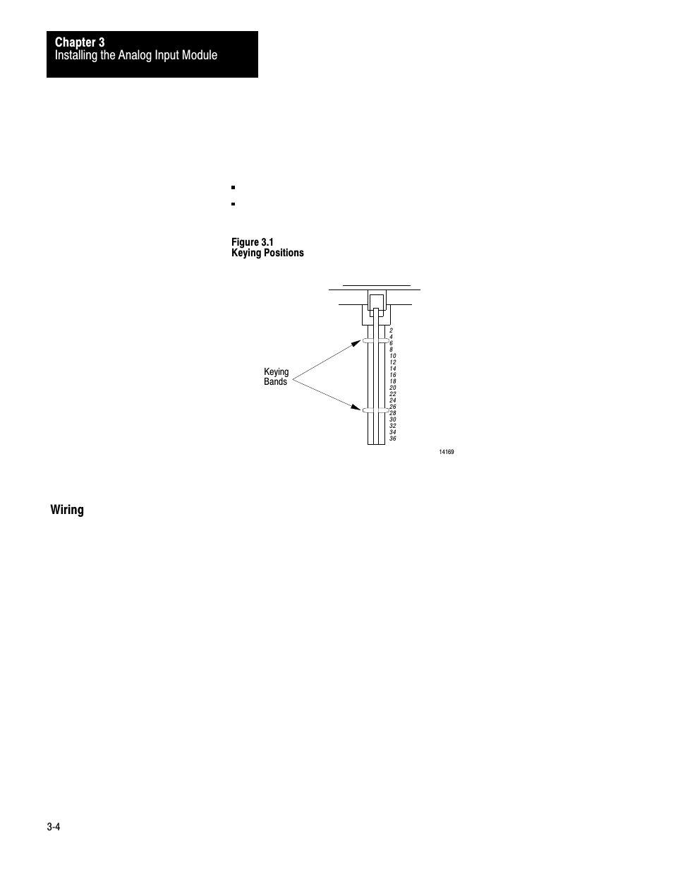 Wiring, Installing the analog input module chapter 3 | Rockwell Automation 1771-IE,D17716.5.7 ANAL.INPUT MOD. User Manual | Page 14 / 46