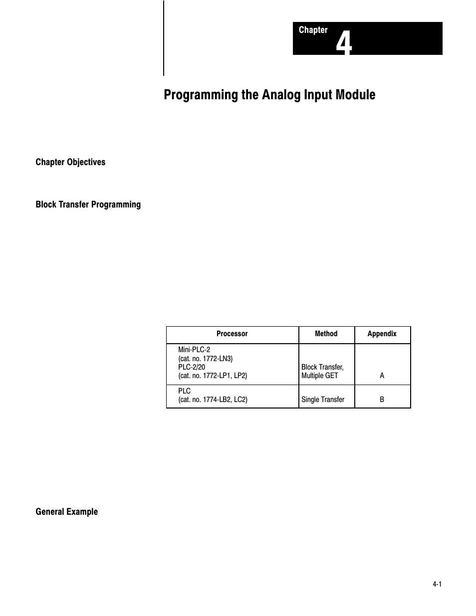 4 - programming the analog input module, Chapter objectives, Block transfer programming | General example, Programming the analog input module | Rockwell Automation 1771-IE,D17716.5.7 ANAL.INPUT MOD. User Manual | Page 20 / 46