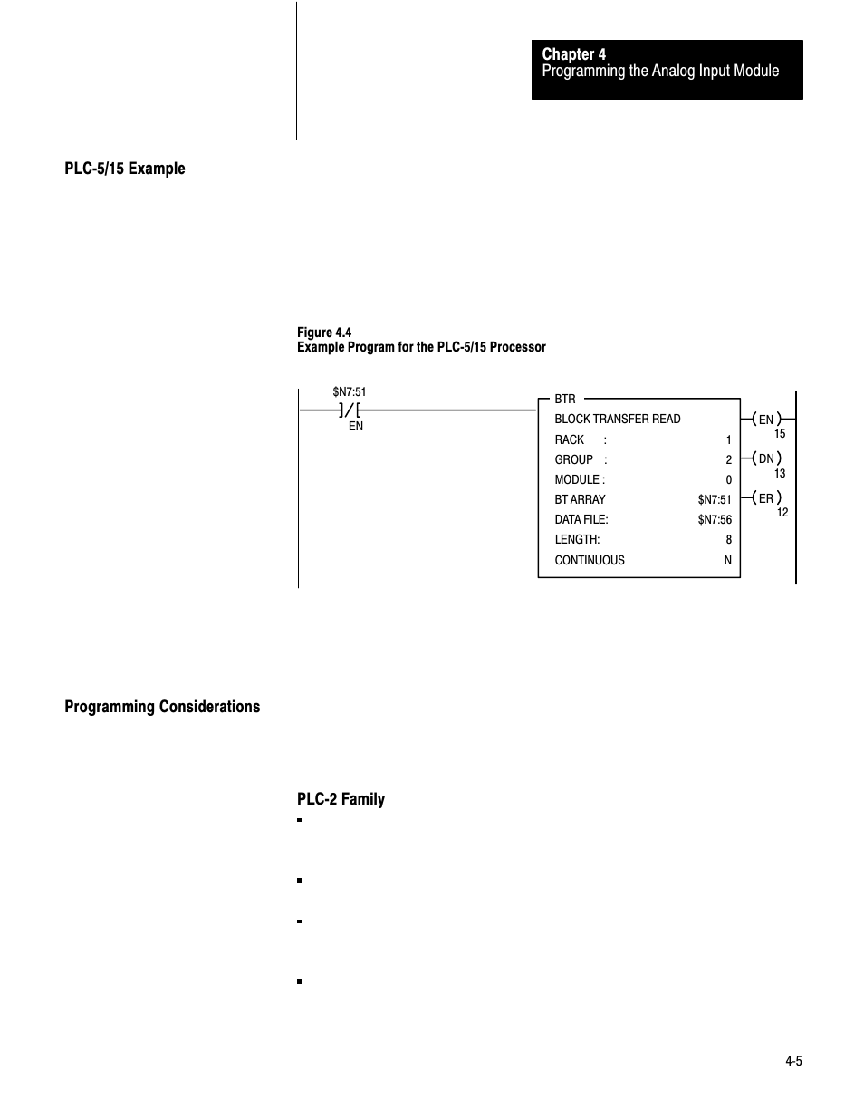 Plc 5/15 example, Programming considerations | Rockwell Automation 1771-IE,D17716.5.7 ANAL.INPUT MOD. User Manual | Page 24 / 46