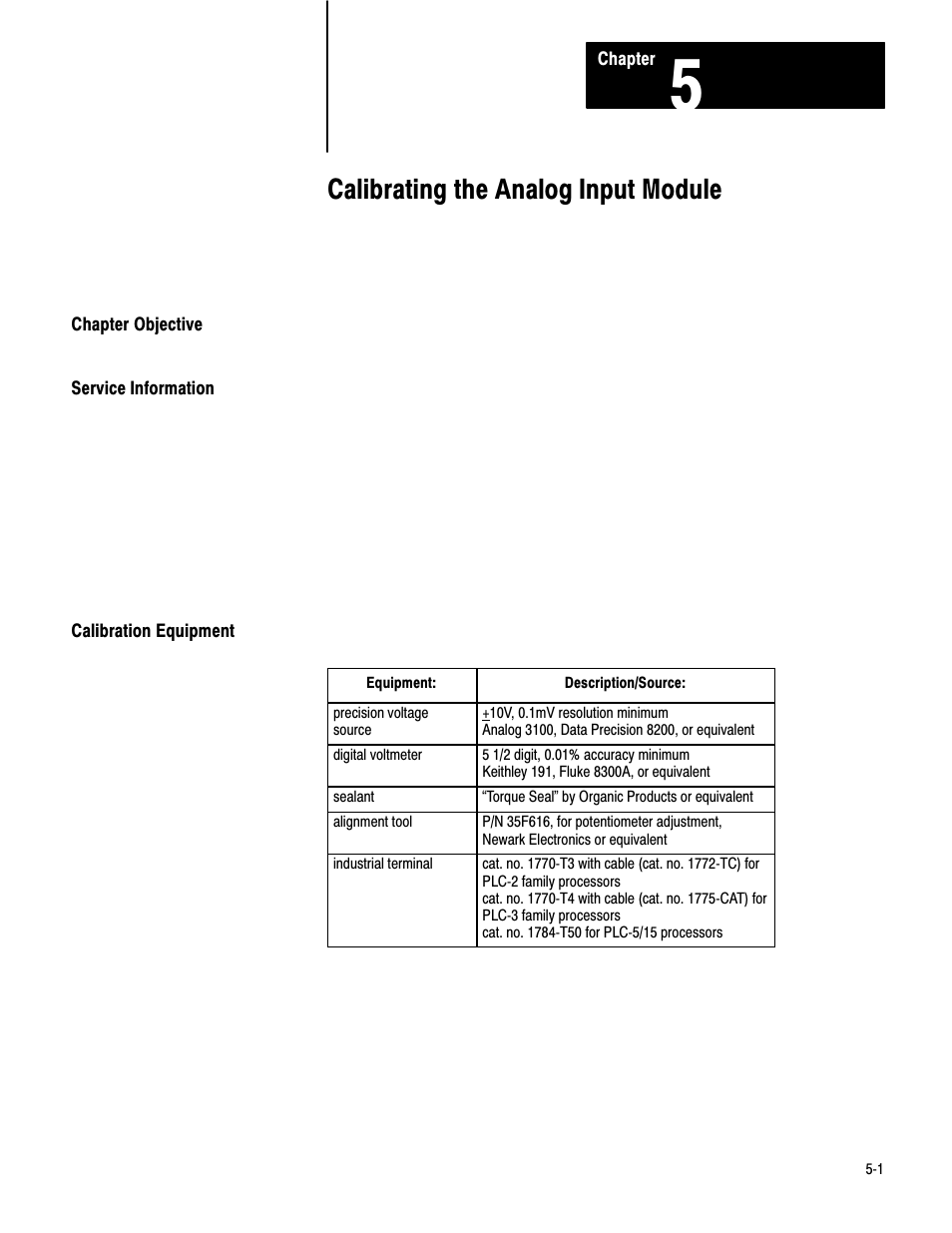 5 - calibrating the analog input module, Chapter objective, Service information | Calibration equipment, Calibrating the analog input module | Rockwell Automation 1771-IE,D17716.5.7 ANAL.INPUT MOD. User Manual | Page 26 / 46