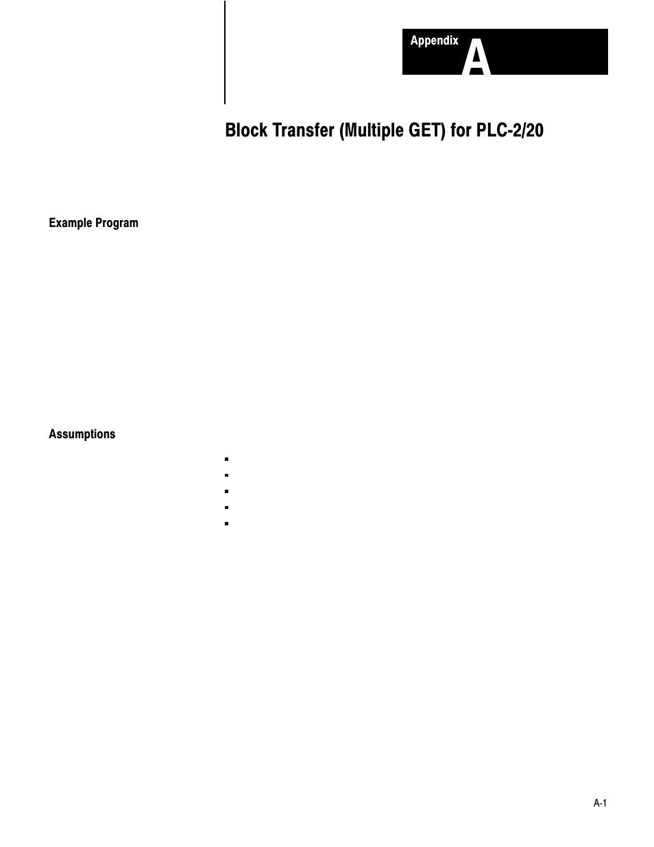 A - block transfer (multiple get) for plc-2/20, Example program, Assumptions | Block transfer (multiple get) for plcć2/20 | Rockwell Automation 1771-IE,D17716.5.7 ANAL.INPUT MOD. User Manual | Page 34 / 46