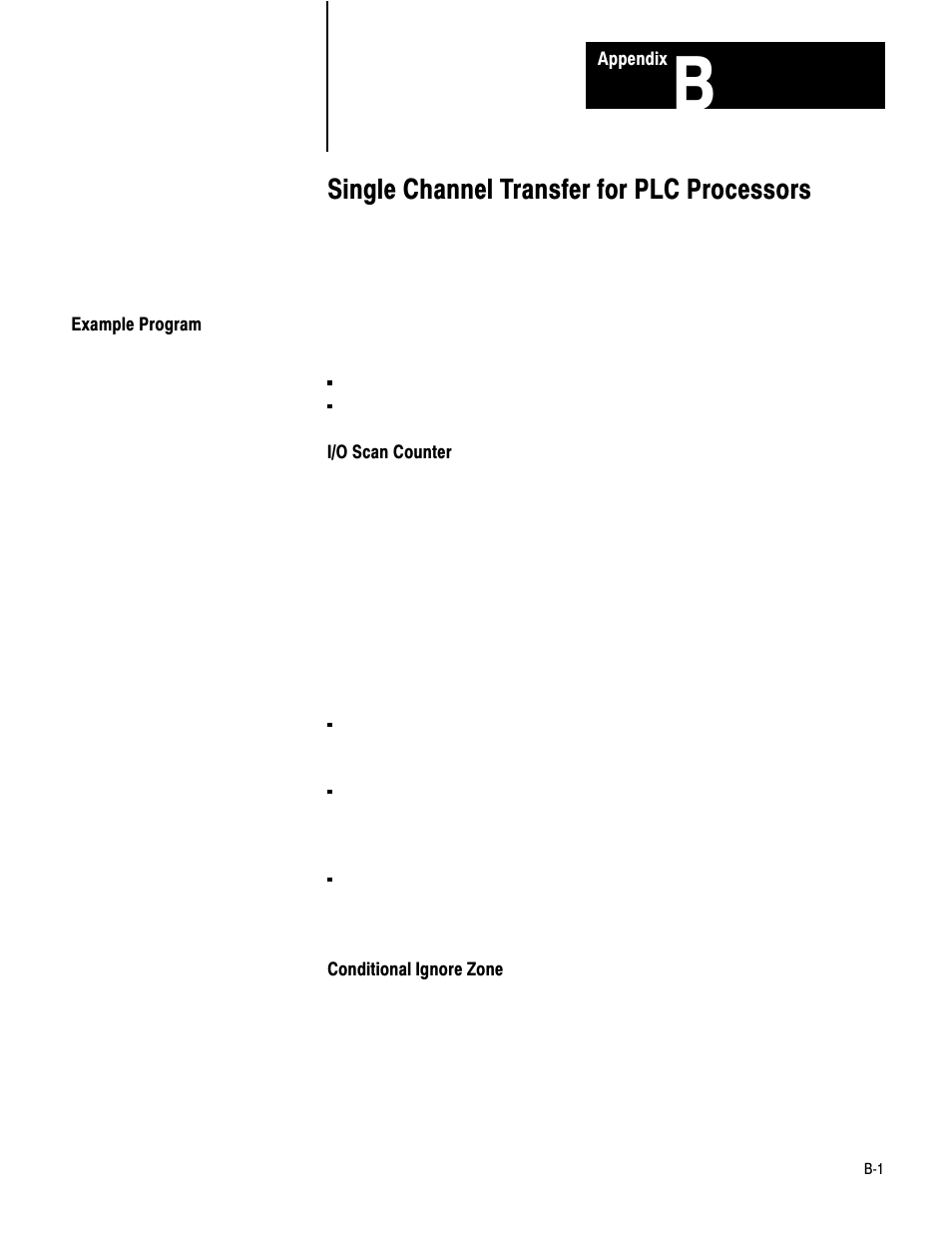 B - single channel transfer for plc processors, Example program, Single channel transfer for plc processors | Rockwell Automation 1771-IE,D17716.5.7 ANAL.INPUT MOD. User Manual | Page 38 / 46