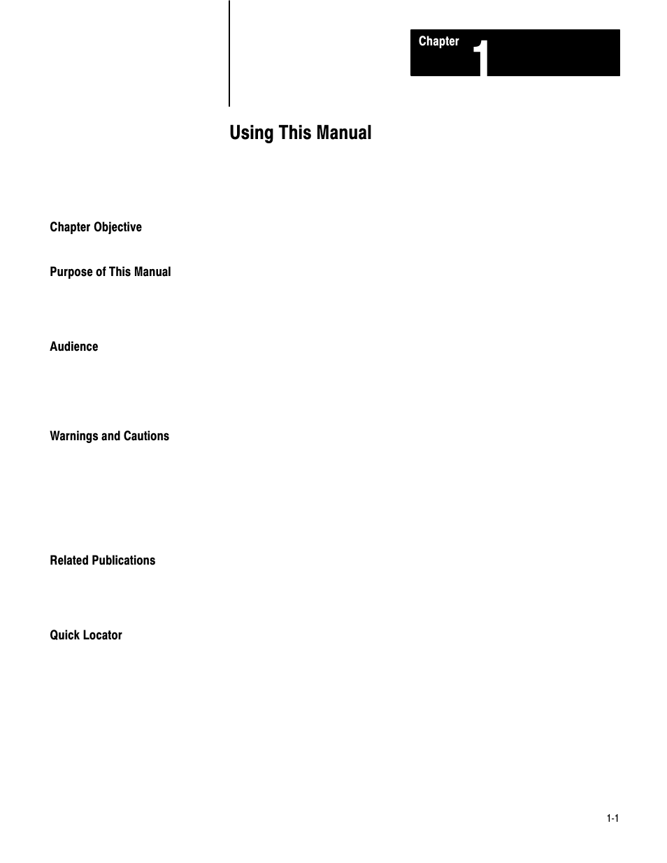 1 - using this manual, Chapter objective, Purpose of this manual | Audience, Warnings and cautions, Related publications, Quick locator, Using this manual | Rockwell Automation 1771-IE,D17716.5.7 ANAL.INPUT MOD. User Manual | Page 4 / 46