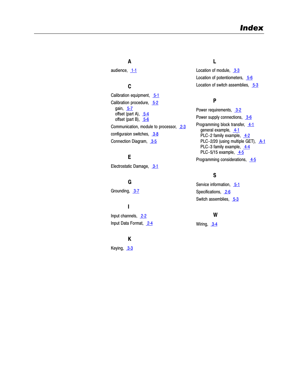 Index | Rockwell Automation 1771-IE,D17716.5.7 ANAL.INPUT MOD. User Manual | Page 45 / 46