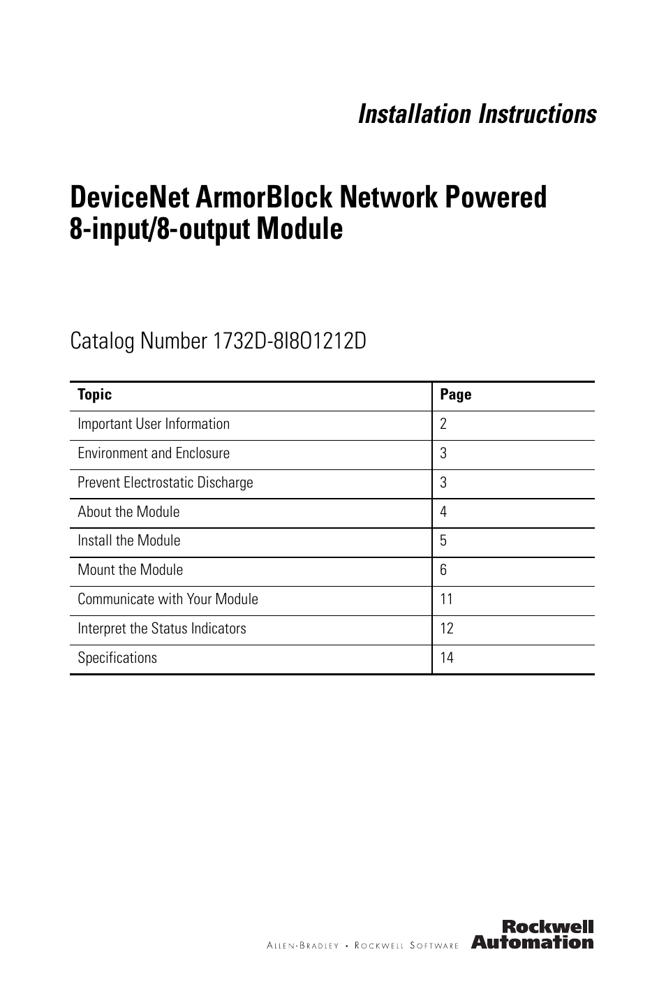 Rockwell Automation 1732D-8I8O1212D DNet ArmorBlock Network Powered 8-input/8-output Module IN User Manual | 20 pages