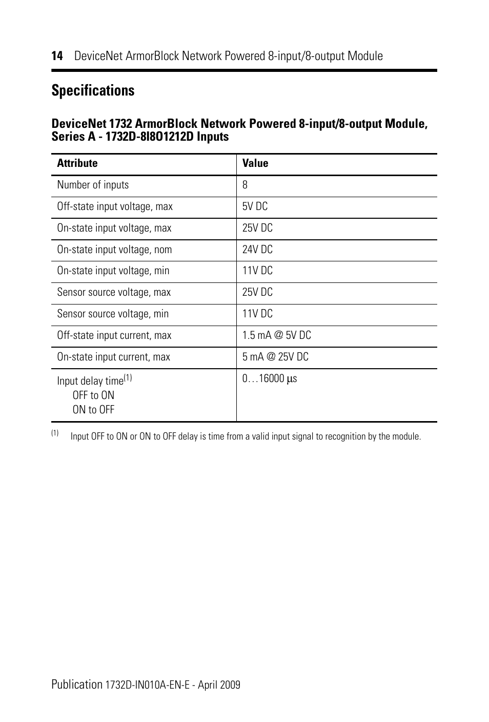 Specifications | Rockwell Automation 1732D-8I8O1212D DNet ArmorBlock Network Powered 8-input/8-output Module IN User Manual | Page 14 / 20