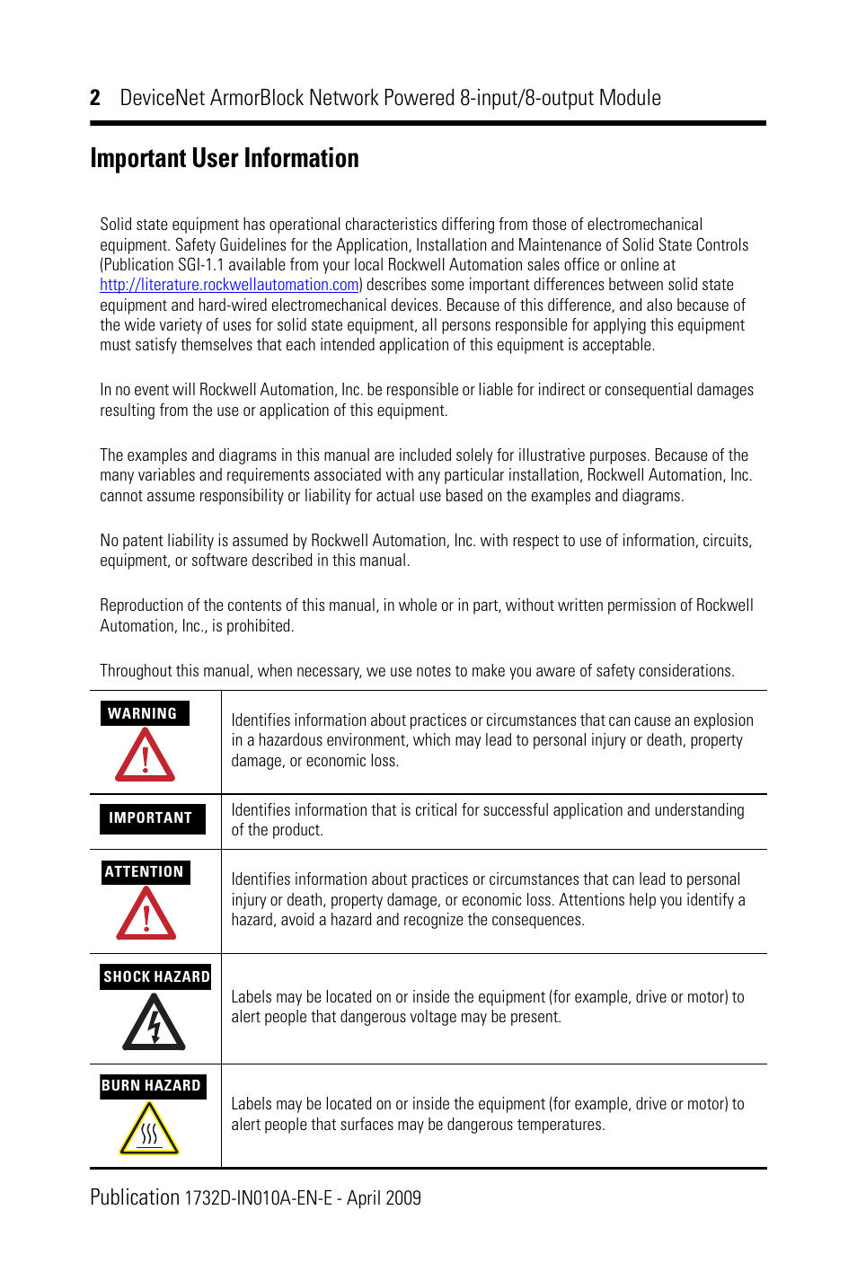 Important user information | Rockwell Automation 1732D-8I8O1212D DNet ArmorBlock Network Powered 8-input/8-output Module IN User Manual | Page 2 / 20