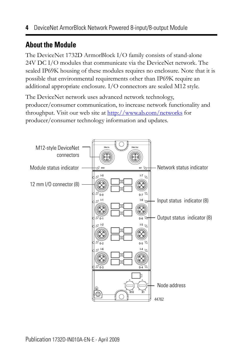 About the module, M12-style devicenet connectors | Rockwell Automation 1732D-8I8O1212D DNet ArmorBlock Network Powered 8-input/8-output Module IN User Manual | Page 4 / 20