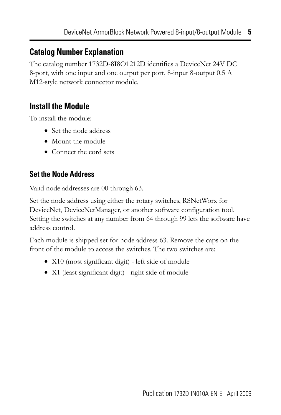 Catalog number explanation, Install the module, Set the node address | Rockwell Automation 1732D-8I8O1212D DNet ArmorBlock Network Powered 8-input/8-output Module IN User Manual | Page 5 / 20