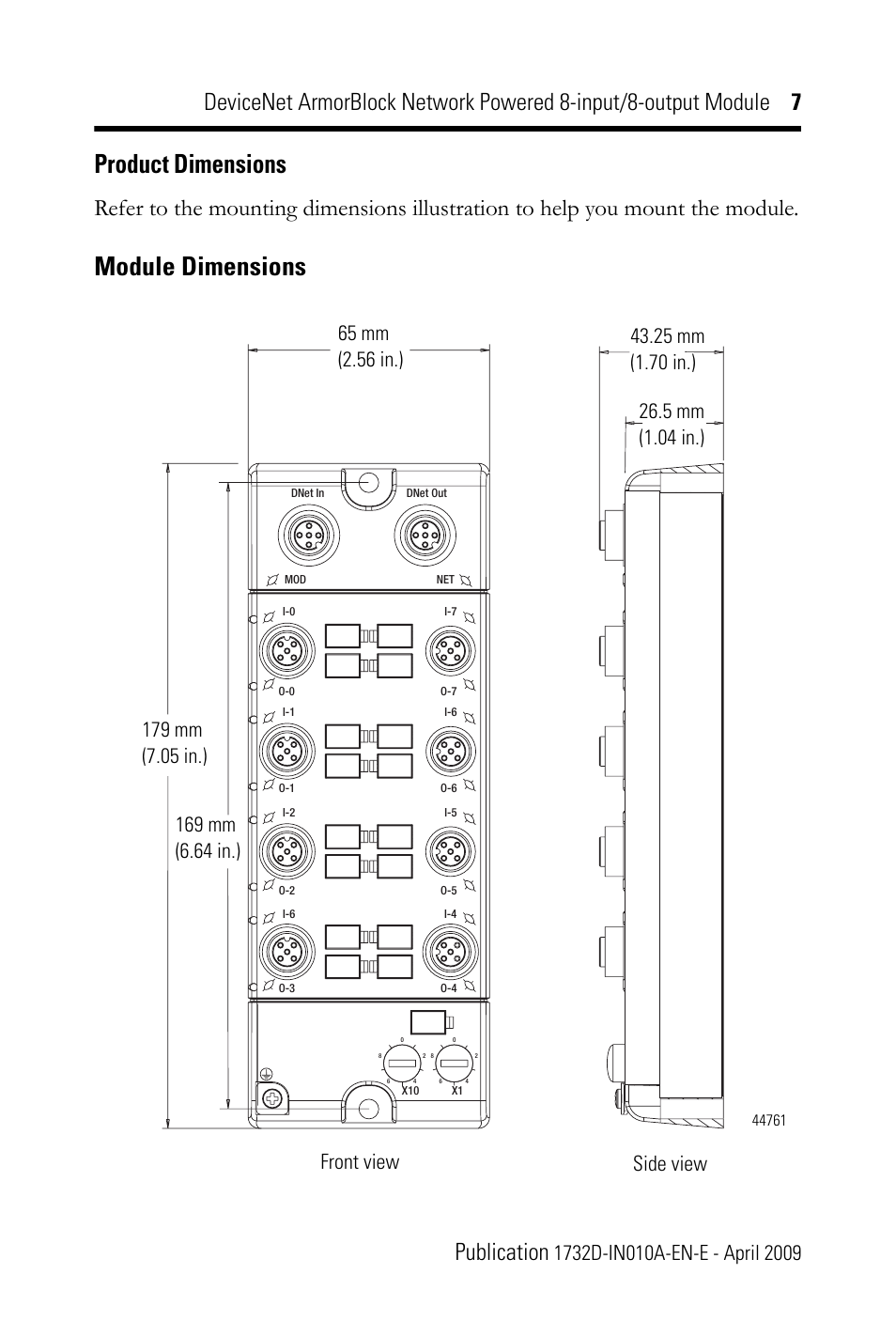 Product dimensions, Module dimensions | Rockwell Automation 1732D-8I8O1212D DNet ArmorBlock Network Powered 8-input/8-output Module IN User Manual | Page 7 / 20