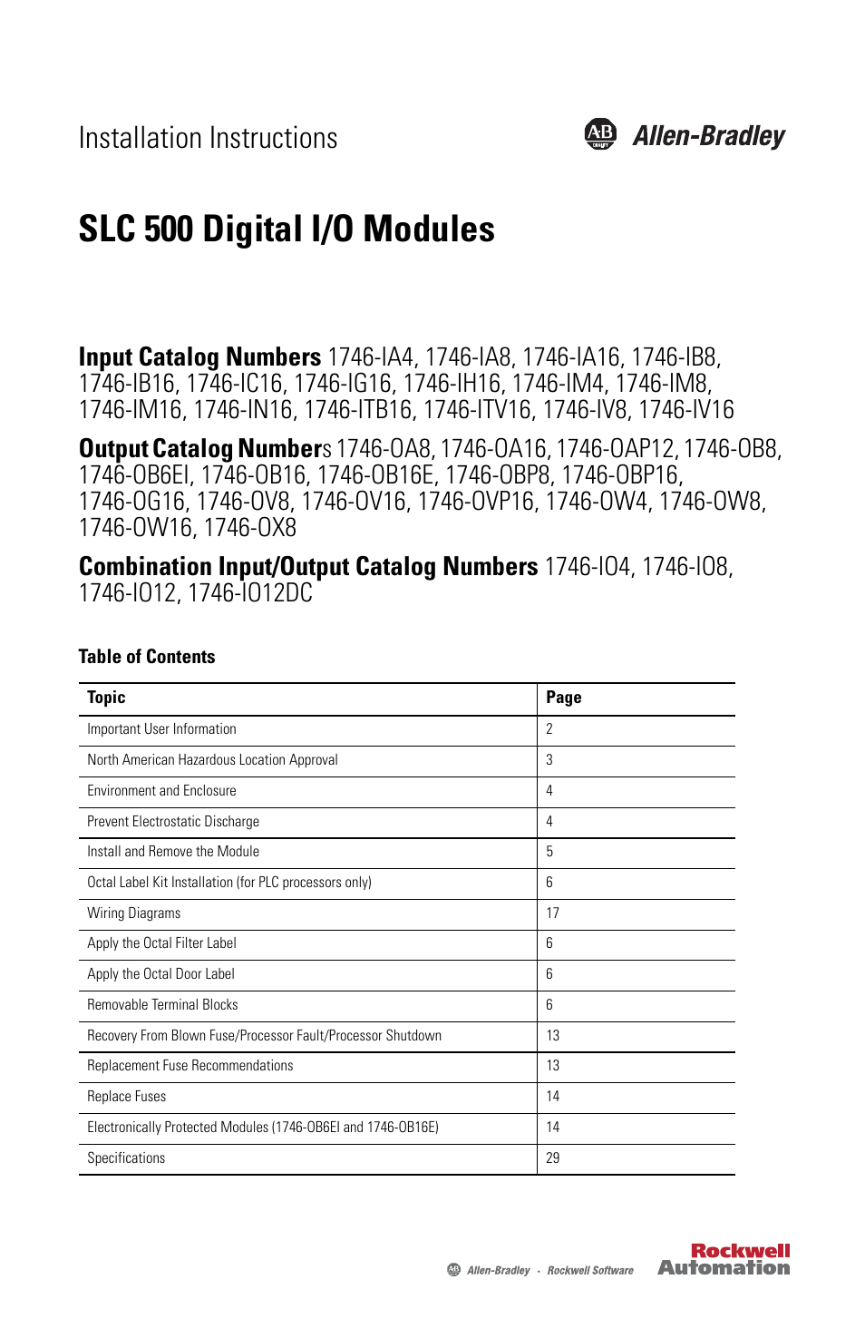 Rockwell Automation 1746-XXXX SLC 500 Digital I/O Modules Installation Instructions User Manual | 48 pages