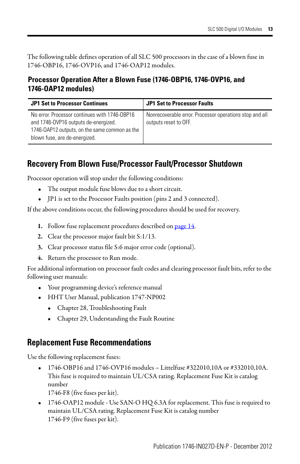 Replacement fuse recommendations | Rockwell Automation 1746-XXXX SLC 500 Digital I/O Modules Installation Instructions User Manual | Page 13 / 48