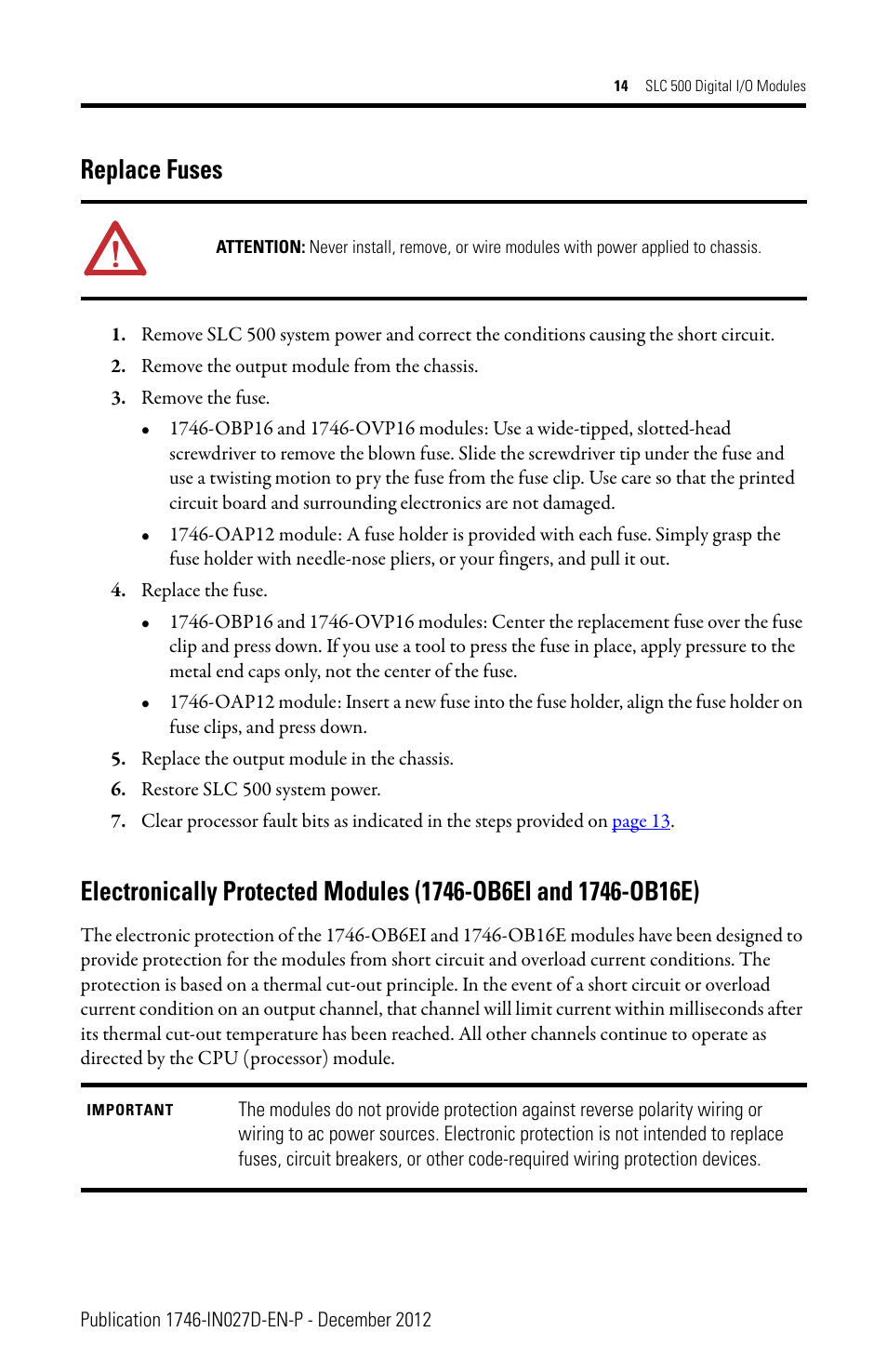 Replace fuses | Rockwell Automation 1746-XXXX SLC 500 Digital I/O Modules Installation Instructions User Manual | Page 14 / 48