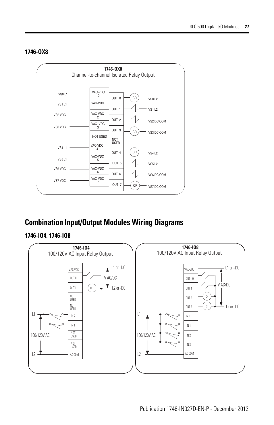 Combination input/output modules wiring diagrams, Channel-to-channel isolated relay output | Rockwell Automation 1746-XXXX SLC 500 Digital I/O Modules Installation Instructions User Manual | Page 27 / 48